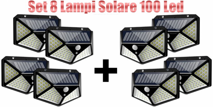 Set 8 x Lampa cu Incarcare Solare, Senzor de Miscare, 3 Moduri de Iluminare, 100 LED, Prindere pe Perete