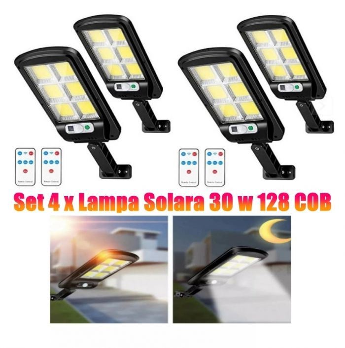 SET 4 X Lampa Solara cu LED, 30W, 128 COB, telecomanda inclusa