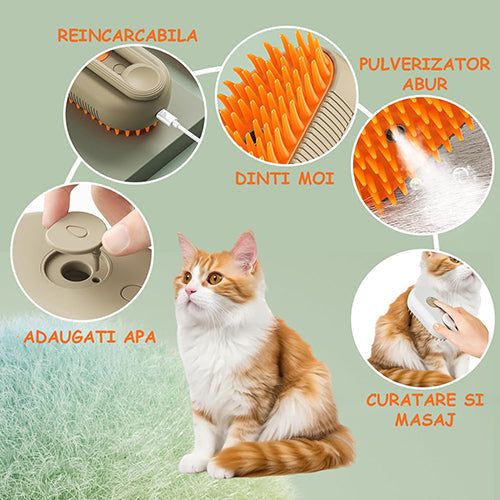 Pachet 1+1 Perie cu Abur pentru Animale de Companie, Indeparteaza Parul, Curatare,Maseaza , Maner Rotativ 360