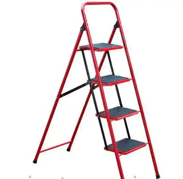 Scara profesionala din Metal rezistent, Tip Pliabila, 4 Trepte Late, Greutate suportata 150 kilograme, Culoare Rosu