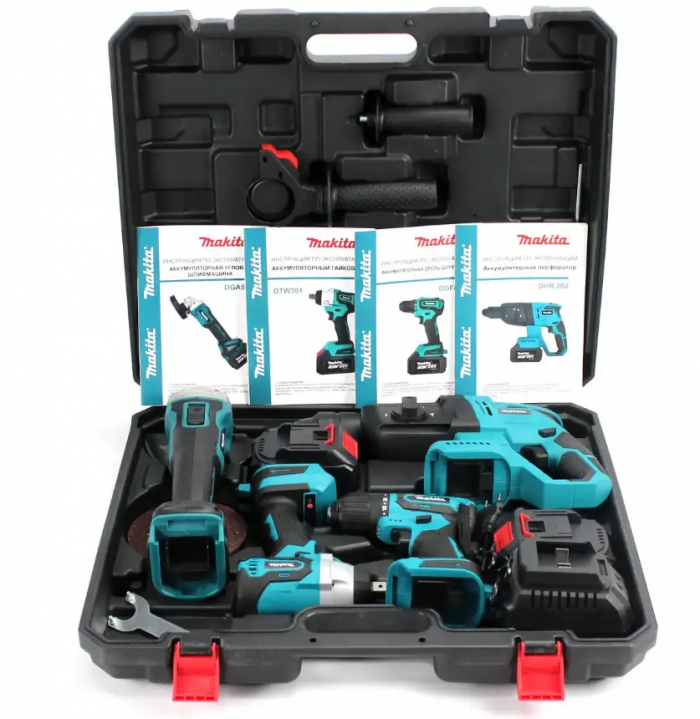 Set scule electrice cu acumulator 4 în 1 Makita 36V (4 x Acumulatori) – Bormașină + Polizor unghiular + Ciocan rotopercutor + Cheie de impact | Set Makita
