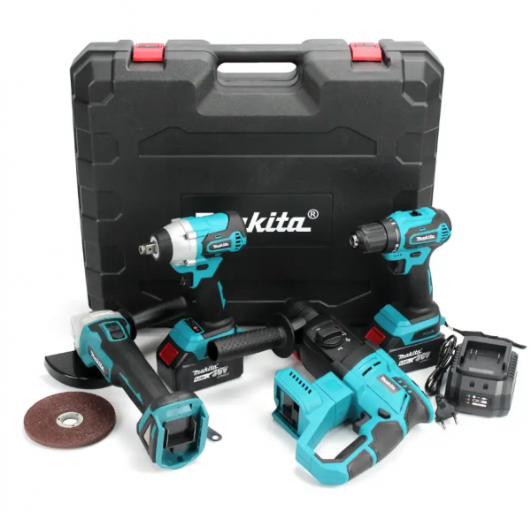 Set scule electrice cu acumulator 4 în 1 Makita 36V (4 x Acumulatori) – Bormașină + Polizor unghiular + Ciocan rotopercutor + Cheie de impact | Set Makita