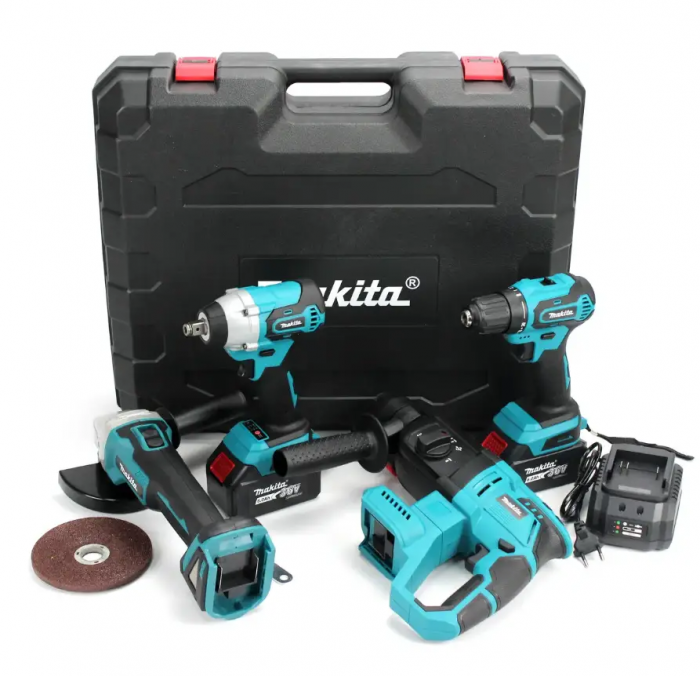 Set scule electrice cu acumulator 4 în 1 Makita 36V (4 x Acumulatori) – Bormașină + Polizor unghiular + Ciocan rotopercutor + Cheie de impact | Set Makita