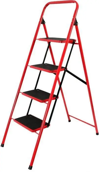 Scara profesionala din Metal rezistent, Tip Pliabila, 4 Trepte Late, Greutate suportata 150 kilograme, Culoare Rosu