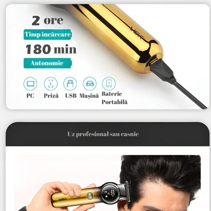 Aparat de Tuns Profesional VGR V-989 pentru Barba Contur & Corp Afisaj LED cu Acumulator Lame din Otel Inoxidabil