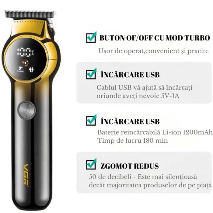 Aparat de Tuns Profesional VGR V-989 pentru Barba Contur & Corp Afisaj LED cu Acumulator Lame din Otel Inoxidabil