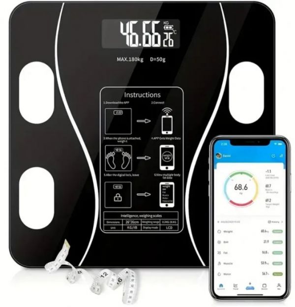 Cantar Inteligent cu aplicatie Smart, corporal, ecran digital Iluminat, termometru, negru