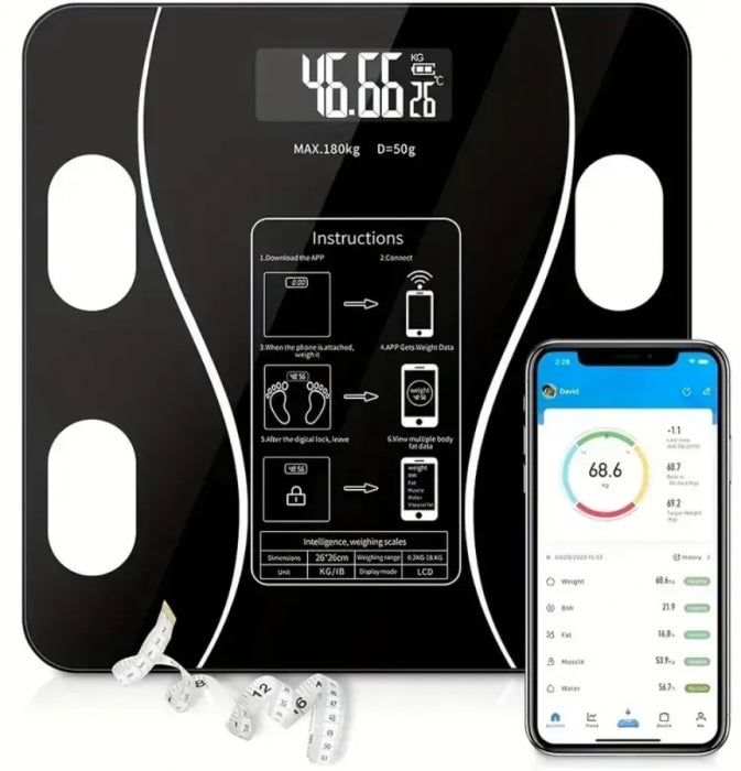 Cantar Inteligent cu aplicatie Smart, corporal, ecran digital Iluminat, termometru, negru