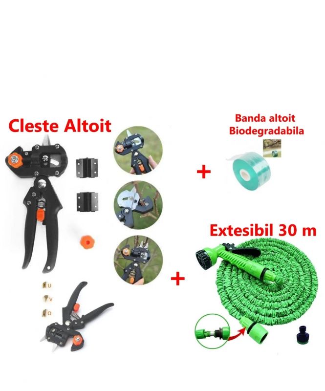Pachet ! Cleste Profesional de Altoit cu 3 Cutite U V Omega + Furtun Extensibil 30 M + Banda Pentru Altoit Biodegradabila