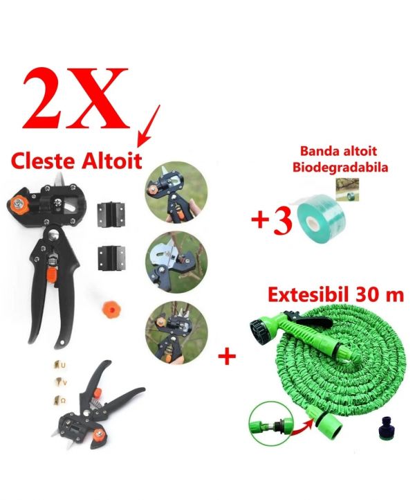 2 X Cleste Profesional de Altoit cu 3 Cutite U V Omega + Furtun Extensibil 30 M + 3 x Banda Pentru Altoit Biodegradabila