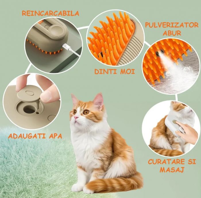 Perie cu Abur pentru Animale de Companie, Indeparteaza Parul, Curatare,Maseaza , Maner Rotativ 360