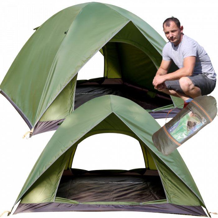 Full Automat Cort pentru 4 persoane, cu plasa de protectie, 135X200X200cm, 8 cuie, Geanta, 2 intrari, Rezistent la apa, Fermoare SBS, Verde