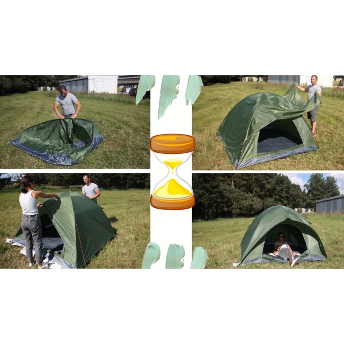 Full Automat Cort pentru 4 persoane, cu plasa de protectie, 135X200X200cm, 8 cuie, Geanta, 2 intrari, Rezistent la apa, Fermoare SBS, Verde