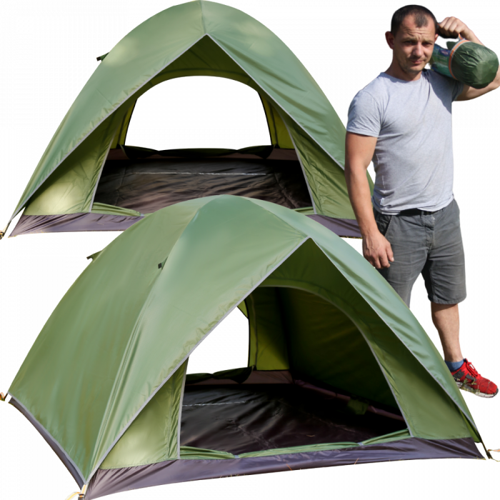 Full Automat Cort pentru 4 persoane, cu plasa de protectie, 135X200X200cm, 8 cuie, Geanta, 2 intrari, Rezistent la apa, Fermoare SBS, Verde