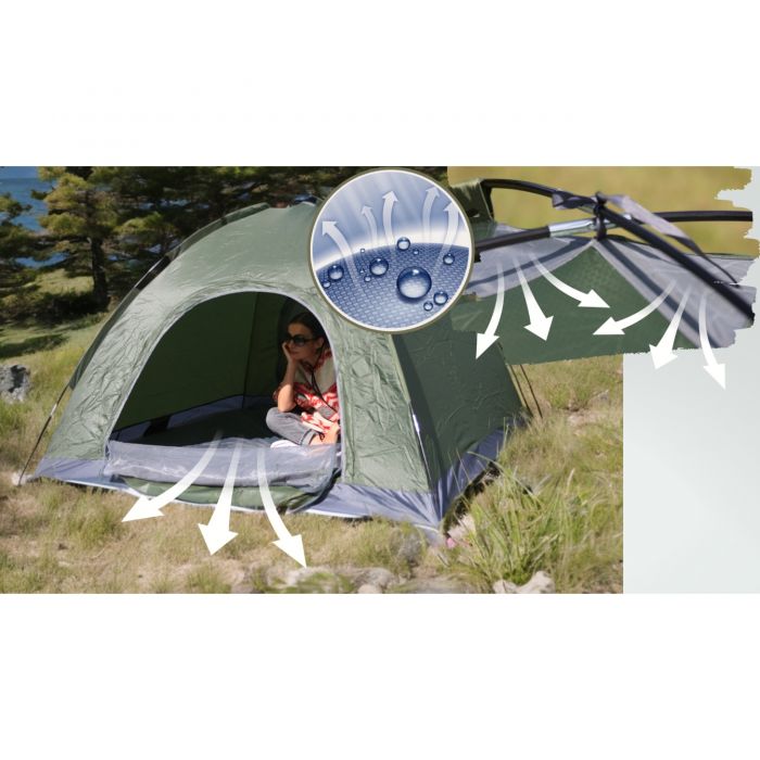 Full Automat Cort pentru 4 persoane, cu plasa de protectie, 135X200X200cm, 8 cuie, Geanta, 2 intrari, Rezistent la apa, Fermoare SBS, Verde