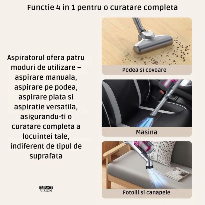 Aspirator vertical si portabil antiacarieni, Filtru Hepa, 4 in 1, 10000 Pa, Roz/Gri, Impact Vision