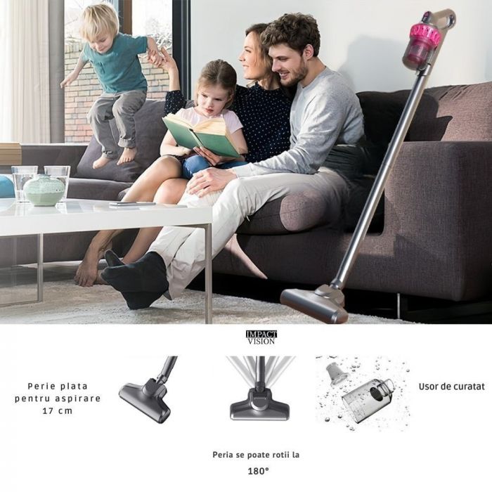 Aspirator vertical si portabil antiacarieni, Filtru Hepa, 4 in 1, 10000 Pa, Roz/Gri, Impact Vision