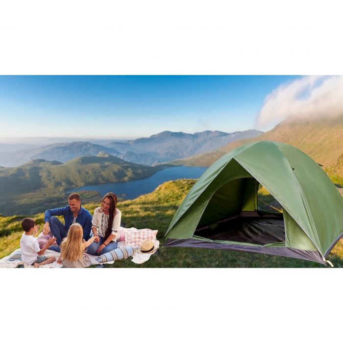 Full Automat Cort pentru 4 persoane, cu plasa de protectie, 135X200X200cm, 8 cuie, Geanta, 2 intrari, Rezistent la apa, Fermoare SBS, Verde