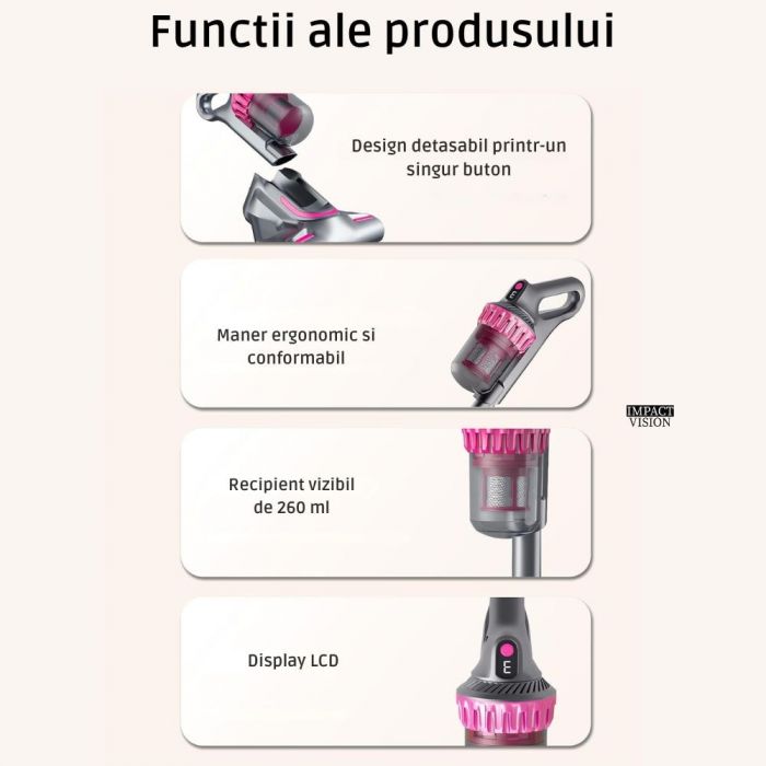 Aspirator vertical si portabil antiacarieni, Filtru Hepa, 4 in 1, 10000 Pa, Roz/Gri, Impact Vision