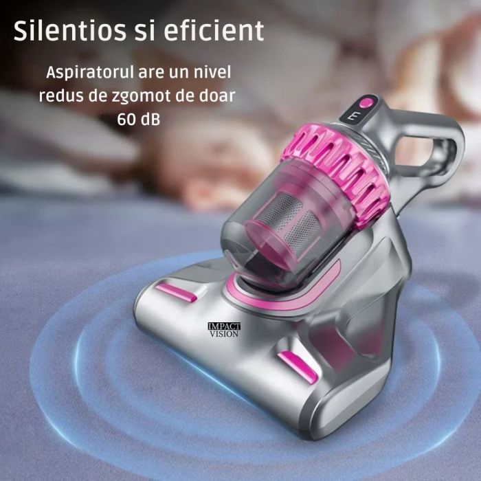 Aspirator vertical si portabil antiacarieni, Filtru Hepa, 4 in 1, 10000 Pa, Roz/Gri, Impact Vision
