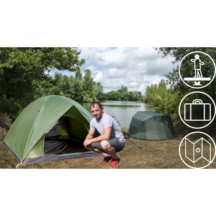 Full Automat Cort pentru 4 persoane, cu plasa de protectie, 135X200X200cm, 8 cuie, Geanta, 2 intrari, Rezistent la apa, Fermoare SBS, Verde