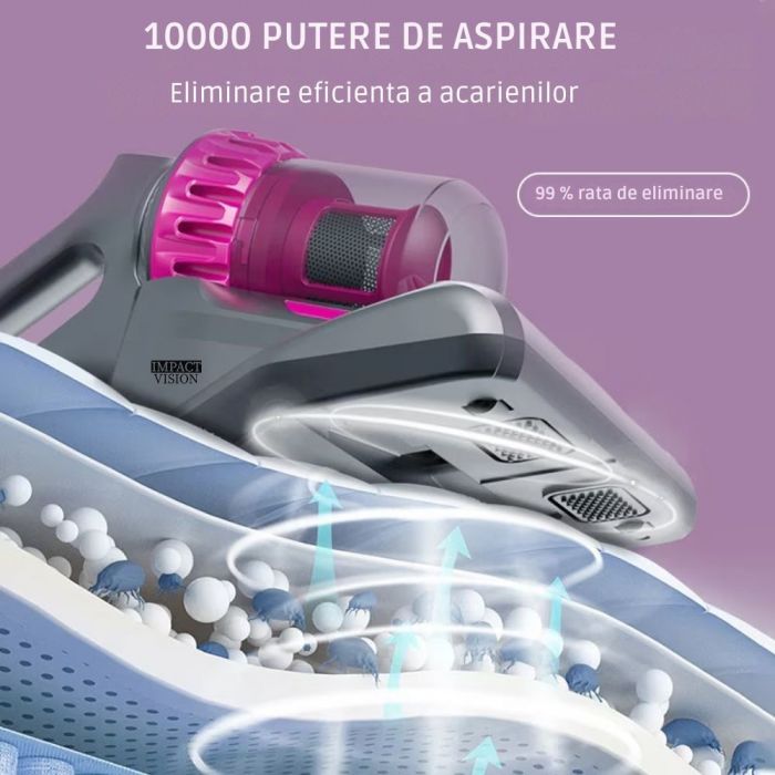 Aspirator vertical si portabil antiacarieni, Filtru Hepa, 4 in 1, 10000 Pa, Roz/Gri, Impact Vision