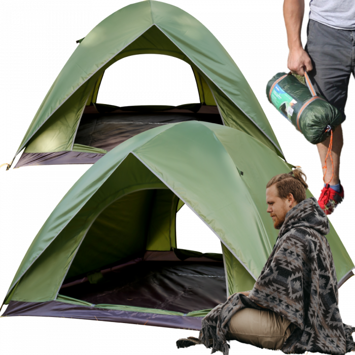 Full Automat Cort pentru 4 persoane, cu plasa de protectie, 135X200X200cm, 8 cuie, Geanta, 2 intrari, Rezistent la apa, Fermoare SBS, Verde