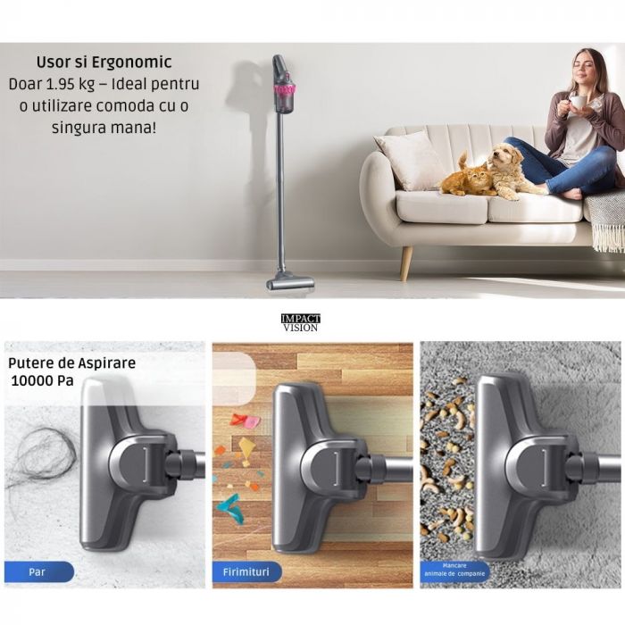 Aspirator vertical si portabil antiacarieni, Filtru Hepa, 4 in 1, 10000 Pa, Roz/Gri, Impact Vision