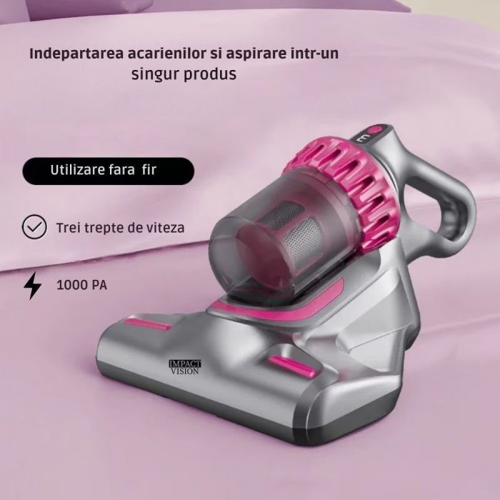 Aspirator vertical si portabil antiacarieni, Filtru Hepa, 4 in 1, 10000 Pa, Roz/Gri, Impact Vision