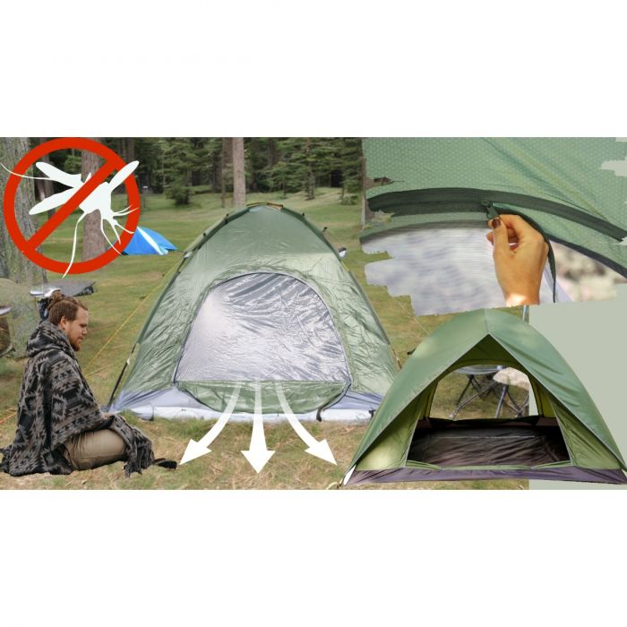 Full Automat Cort pentru 4 persoane, cu plasa de protectie, 135X200X200cm, 8 cuie, Geanta, 2 intrari, Rezistent la apa, Fermoare SBS, Verde