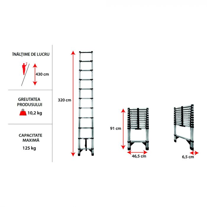 Scara telescopica de aluminiu, 1 tronson, 11 trepte, 3.2 m lungime