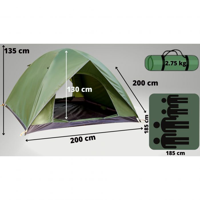 Full Automat Cort pentru 4 persoane, cu plasa de protectie, 135X200X200cm, 8 cuie, Geanta, 2 intrari, Rezistent la apa, Fermoare SBS, Verde