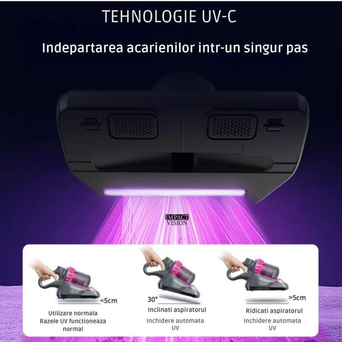 Aspirator vertical si portabil antiacarieni, Filtru Hepa, 4 in 1, 10000 Pa, Roz/Gri, Impact Vision
