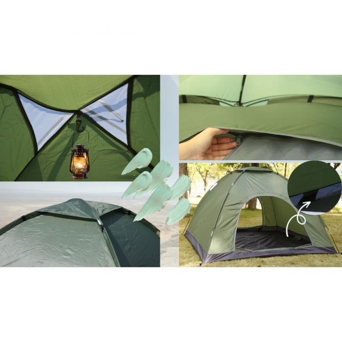 Full Automat Cort pentru 4 persoane, cu plasa de protectie, 135X200X200cm, 8 cuie, Geanta, 2 intrari, Rezistent la apa, Fermoare SBS, Verde