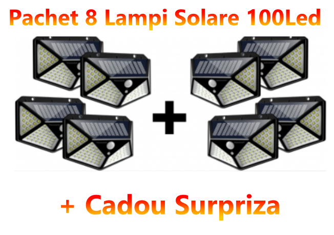Set 8 x Lampa cu Incarcare Solare, Senzor de Miscare, 3 Moduri de Iluminare, 100 LED, Prindere pe Perete + CADOU SURPRIZA